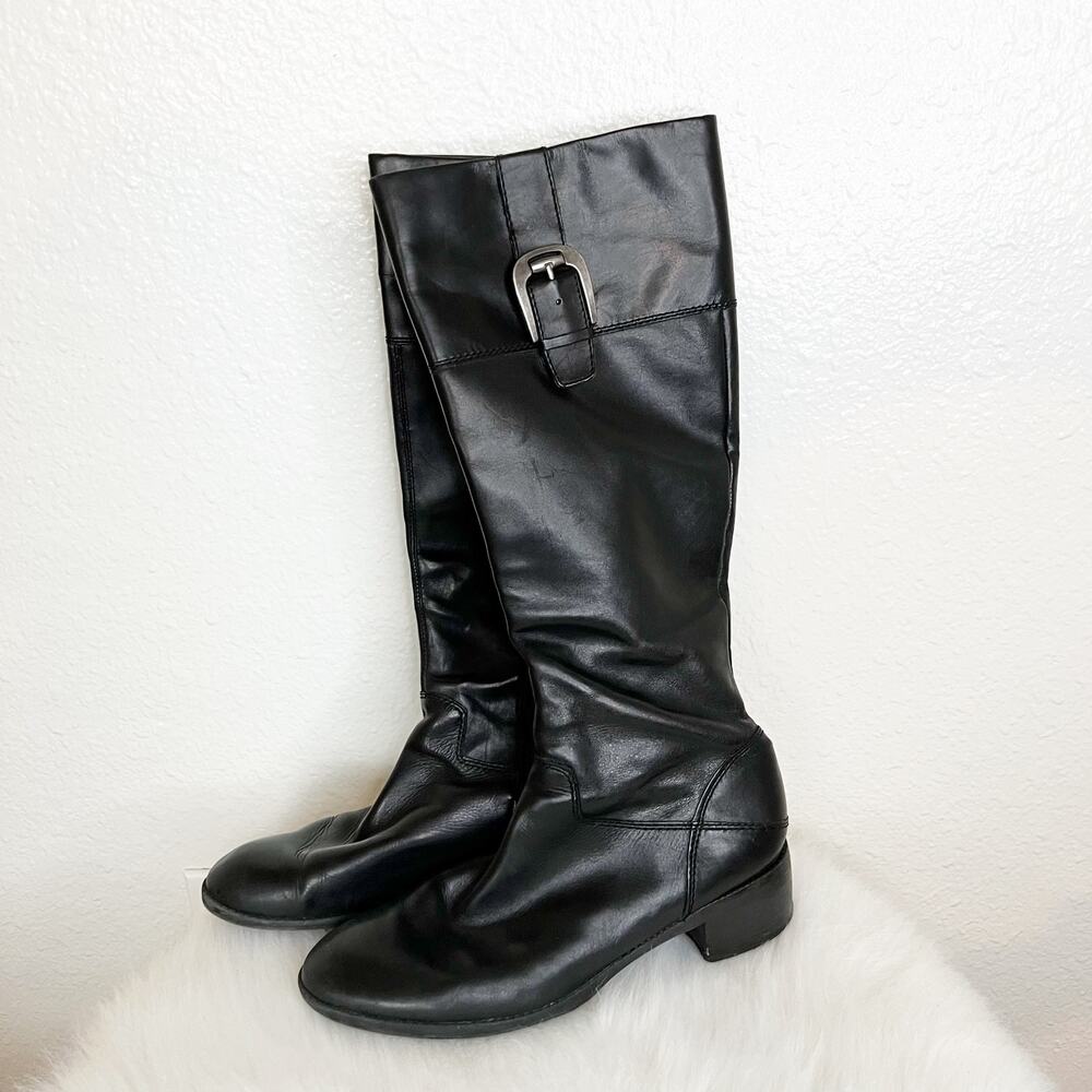 Franco Sarto Jones Black Leather Buckle Zip Knee High Heeled Boots Women’s 9
